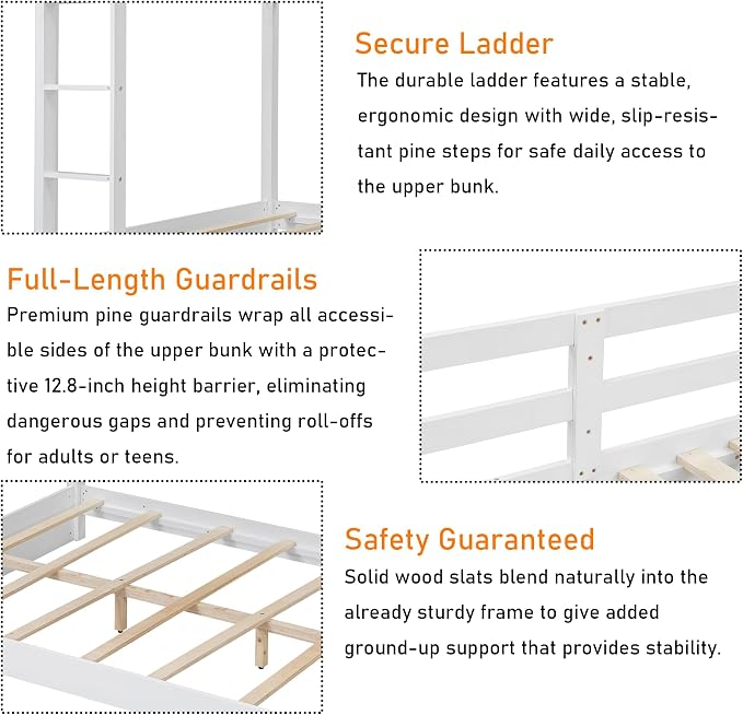Merax Queen Size Bunk Bed - Solid Pine & MDF Frame, Heavy Duty 600lb Capacity, Space Saving Design with Safety Guard Rails & Ladder, No Box Spring Needed,White