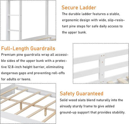 Merax Queen Size Bunk Bed - Solid Pine & MDF Frame, Heavy Duty 600lb Capacity, Space Saving Design with Safety Guard Rails & Ladder, No Box Spring Needed,White