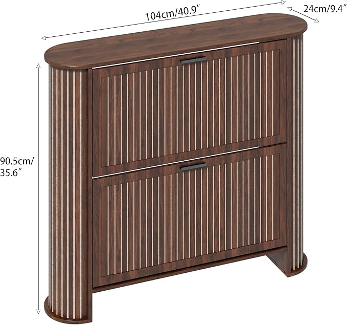 Narrow Shoe Storage Cabinet for Entryway, Slim Fluted Shoe Cabinet with 2 Flip Drawers, Wood Hidden Shoe Rack Organizer for Entry Way, Entrance, Foyer, Hallway, Walnut, Wooden, Thin