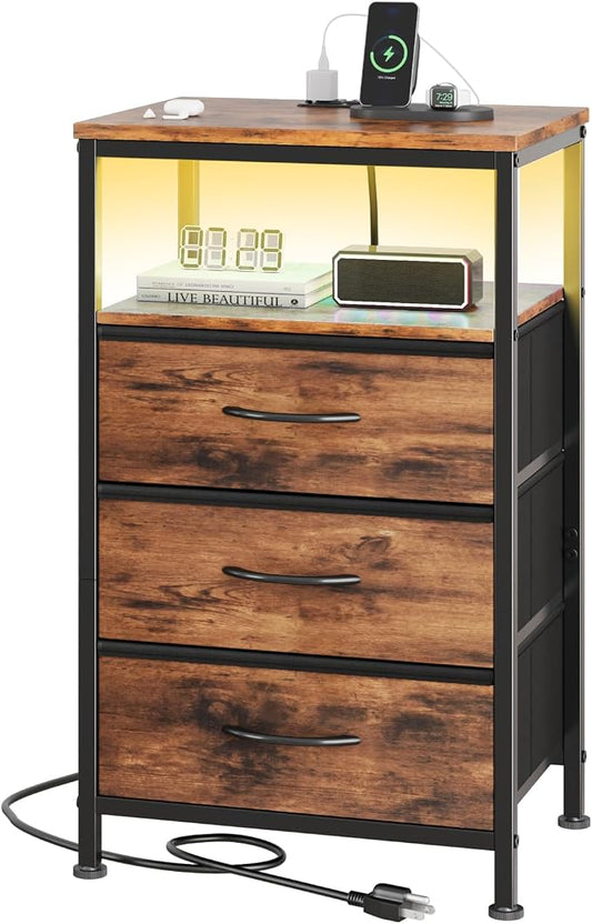 DUMOS Nightstand with Charging Station, Bedside End Table with 3 Fabric Drawers & USB/Type-C Ports and Outlets, Night Stand for Bedroom Furniture, Adjustable Feet and Variable Light Strip, Rust