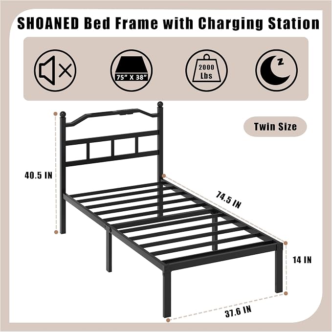 SHOANED Twin Size Bed Frame - 14 Inch Metal Heavy Duty Bedframe with Charging Station Black Basic Steel Slats Platform with Headboard No Box Spring Needed/Easy Assembly