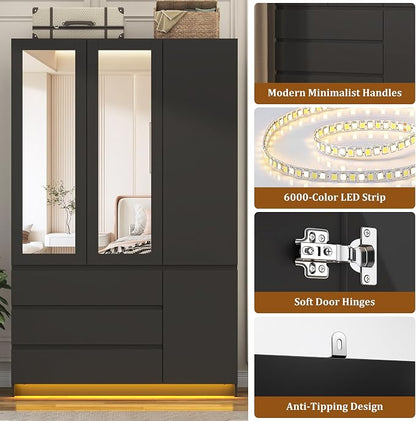 75"H Tall Modern 3 Doors Wooden Armoire Wardrobe Closet with 3 Drawers & 2 Mirror,Clothing Storage Cabinet with Hanging Rod,Bedroom Large Freestanding Armoires with Led Lights for Bedroom,Black