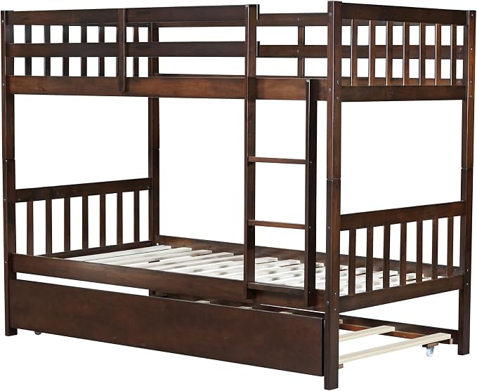 Harper & Bright Designs Convertible Wood Twin-Over-Twin Bunk Bed with Trundle and Ladder - Can Be Divided Into Two Platform Beds (Espresso)