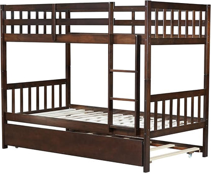 Harper & Bright Designs Convertible Wood Twin-Over-Twin Bunk Bed with Trundle and Ladder - Can Be Divided Into Two Platform Beds (Espresso)