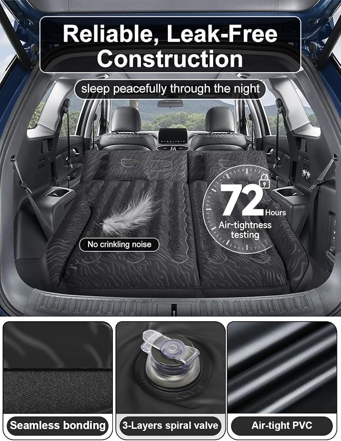 Umbrauto SUV Air Mattress for Trunk: Upgraded Car Camping Mattress with Flocked Surface and Extra Thick Bottom, Van Sleeping Bed for Back Seat with Pump, Nozzle, Repair Patch, Carry Bag