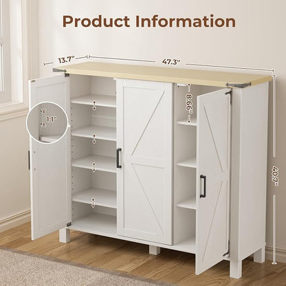 5-Tier Shoe Storage Cabinet, Farmhouse Shoe Rack Organizer Cabinet with 4 Adjustable Shelves & Side Cabinets, Freestanding Shoe Cabinet Storage with Anti-tip Fitting for Entryway, 47.3L×13.7W×40.7H