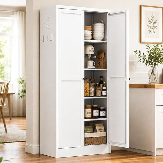 Metal Storage Cabinet, 61" Tall Kitchen Pantry Cabinet with 2 Doors and 4 Adjustable Shelves, White Steel Storage Cupboard for Dining, Office, Living Room, Bathroom