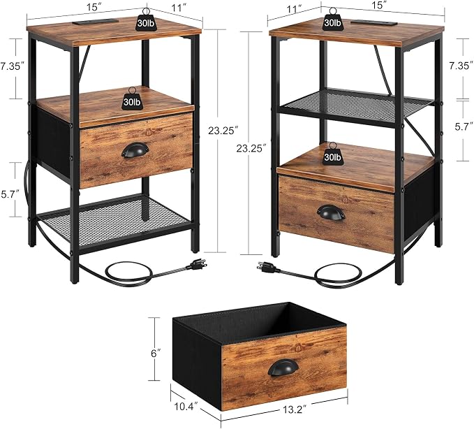 sthmec Nightstands Set of 2, Night Stands with Charging Station and Fabric Drawer, Bedside Tables with Drawers, 2- Tier Side Table with Open Shelf, Nightstands with Charging Station,Rustic Brown