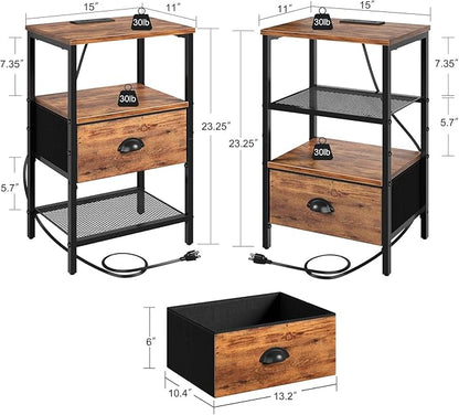 sthmec Nightstands Set of 2, LED Night Stands with Charging Station and Fabric Drawer, Bedside Tables with Drawers, 2- Tier LED Side Table End Table Charging Station Bedroom,Rustic Brown