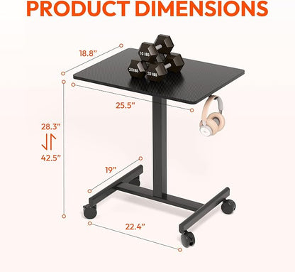 18.9 * 25.6 inch Mobile Standing Desk,T Shaped Pneumatic Adjustable Height Stand Up Desk,with Lockable Wheels,Ergonomic Standing Side Table for Home Office Work Workstation Carbon Fiber+Black