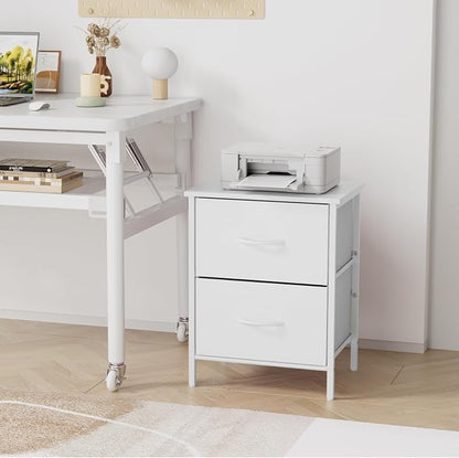 Stero Nightstand, Kids Dresser with 2 Drawers, Steel Frame Bedside Furniture, Wood Top Fabric Night Stand, Colorful End Table for Home, Bedroom, Office White