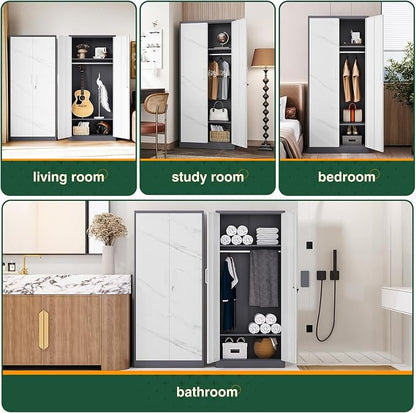 Letaya Wardrobe Closet, 72" H Clothing Storage Cabinet with Adjustable Shelves and Hanging Rod, Bedroom Armoire Clothes Organizer (White Gray)