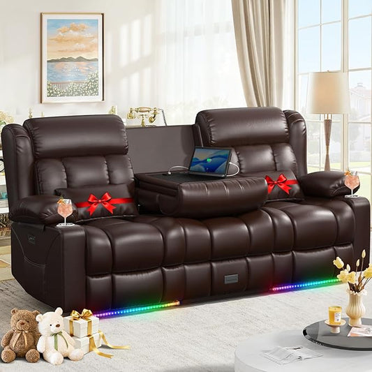 Dresegmt Power Loveseat Recliner Sofa, Zero Wall Hugger RV Reclining Loveseat Couch with Flip Middle Backrest Design, 3 Seat Reclining Sofa with Storage Drawer, Power Recliner for Living Room (Brown)