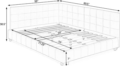 Bellemave Full Size Corner Bed Frame with Comfortable Backrest and Armrests, Velvet Tufted Corner Bed Frame Full Size, Upholstered Daybed for Bedroom, Living Room, Guest Room, Pink