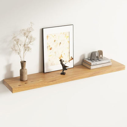 Venusmiles Floating Shelves for Wall Decor, 8" Deep Solid Elm Wood Floating Shelves Wall Mounted, Rustic Wall Shelves with Invisible Bracket for Living Room Bathroom Bedroom Kitchen, 48 Inch, Natural
