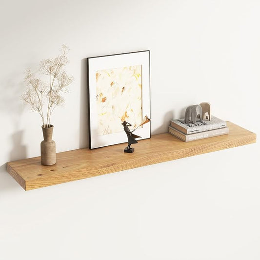 Venusmiles Floating Shelves for Wall Decor, 8" Deep Solid Elm Wood Floating Shelves Wall Mounted, Rustic Wall Shelves with Invisible Bracket for Living Room Bathroom Bedroom Kitchen, 48 Inch, Natural