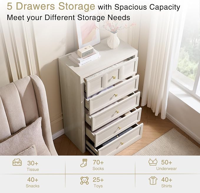 3-Piece Bedroom Set, 5 Drawer Tall Dresser and 3 Drawer King Size Nightstands Set of 2 with Charging Station, 3 Piece Farmhouse Wood Bedroom Dresser and Nightstand Sets, Grey White