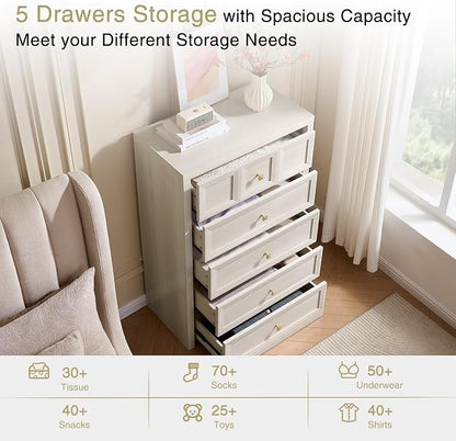 3-Piece Bedroom Set, 5 Drawer Tall Dresser and 3 Drawer King Size Nightstands Set of 2 with Charging Station, 3 Piece Farmhouse Wood Bedroom Dresser and Nightstand Sets, Grey White