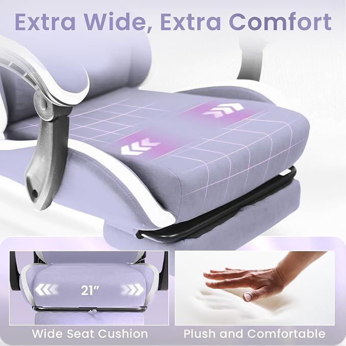 N-GEN GAMING Video Gaming Chair with Footrest Lumbar Support for Home Office High Back Recliner Height Adjustable Ergonomic Comfy Fabric Computer Desk Chair (Purple)