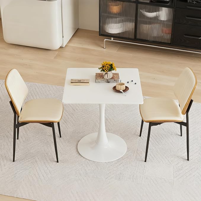 Square Dining Table, 31.5" Tulip Table with Thickened Tabletop & Metal Pedestal, Mid Century Modern Bistro Table for Kitchen, Small Places, Living Room, Cafe (White)