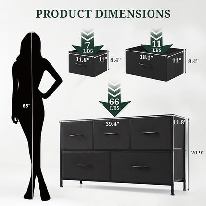 5-Drawer Dresser for Bedroom, Anti-Tip Wide Storage Organizer Fabric Chest of Drawers TV Stand for 45" TV with Wooden Top and Metal Frame for Closet, Living Room, Hallway, Entryway, Black