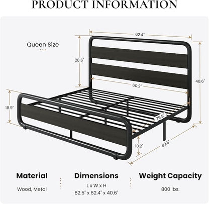 SHA CERLIN Queen Size Metal Bed Frame with Wooden Headboard and Footboard, Heavy Duty Oval-Shaped Platform Bed with Under-Bed Storage, Noise Free, No Box Spring Needed, Black