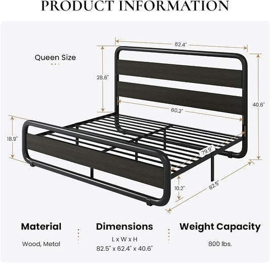 SHA CERLIN Queen Size Metal Bed Frame with Wooden Headboard and Footboard, Heavy Duty Oval-Shaped Platform Bed with Under-Bed Storage, Noise Free, No Box Spring Needed, Black