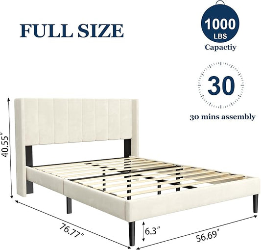 Sismplly Full Size Bed Frame with Headboard,Vertical Channel Tufted Wingback No Box Spring Needed, Mattress Foundation, Easy Assembly, Beige