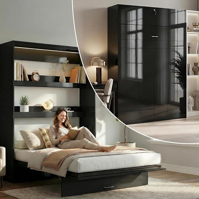 CECER Queen Vertical Murphy Wall Bed，Space Saving for Offices/Guest-Black | Durable Gas-Lift for smooth folding，16 Color Controllable LED Lights，Sturdy frame ＆ Easy Assemble，High Gloss Panel
