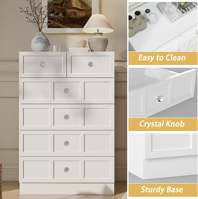 6 Drawer Dresser for Bedroom: 24" White Chest of Drawers with Deep Drawers, Tall Fluted Dresser with Storage, Modern Wood Dressers for Bedroom, Living Room