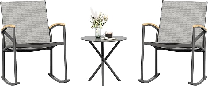 Shintenchi 3 Pieces Patio Rocking Bistro Sets,Outdoor Textilene Fabric Conversation Bistro Set,Front Porch Rocker Chairs Small Patio Furniture Set with Table for Lawn,Garden,Balcony(Light Gray)
