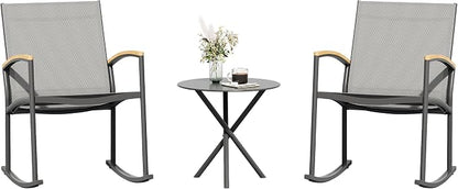 Shintenchi 3 Pieces Patio Rocking Bistro Sets,Outdoor Textilene Fabric Conversation Bistro Set,Front Porch Rocker Chairs Small Patio Furniture Set with Table for Lawn,Garden,Balcony(Light Gray)