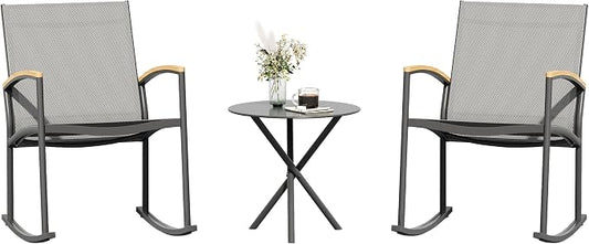 Shintenchi 3 Pieces Patio Rocking Bistro Sets,Outdoor Textilene Fabric Conversation Bistro Set,Front Porch Rocker Chairs Small Patio Furniture Set with Table for Lawn,Garden,Balcony(Light Gray)