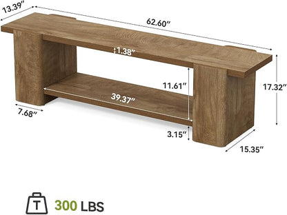 LITTLE TREE Wood Entryway Bench, 63" End of Bed Bench with Storage Shelf, Farmhouse Extra Long Shoe Bench for Entryway, Dining Room, Hallway, Living Room, Bedroom, Natural Oak, 2PCS