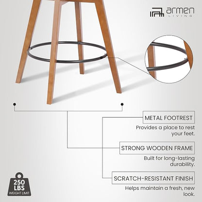 Armen Living Baylor Mid Century Modern Swivel Bar Stool for Kitchen Island Counter in Cream Faux Leather and Walnut Wood, 26" Seat Height