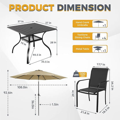 SUNCROWN 6 - Piece Outdoor Dining Set, Patio Furniture Set with 4 Textilene Dinning Chairs, 1 Steel Slat Metal Bistro Table and 1 Brown 9Ft Patio Umbrella for Lawn Garden Backyard Deck, Black