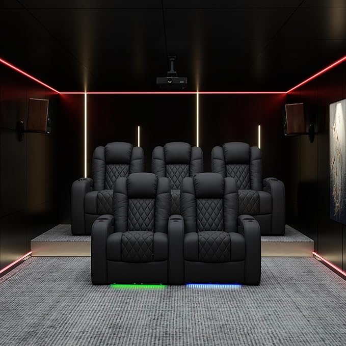 Weilianda Home Theater Seating Top Grain Leather Zero Gravity Recliner Chair Power Headrest Recline Movie Seat Gaming 7 Colors Mood Light Sofa with Tray Table USB Charge Row of 5 Black