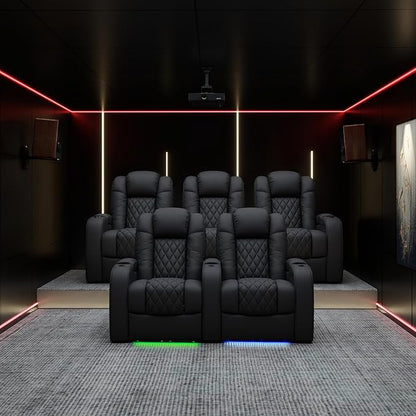 Weilianda Home Theater Seating Top Grain Leather Zero Gravity Recliner Chair Power Headrest Recline Movie Seat Gaming 7 Colors Mood Light Sofa with Tray Table USB Charge Row of 4 Loveseat Right Black