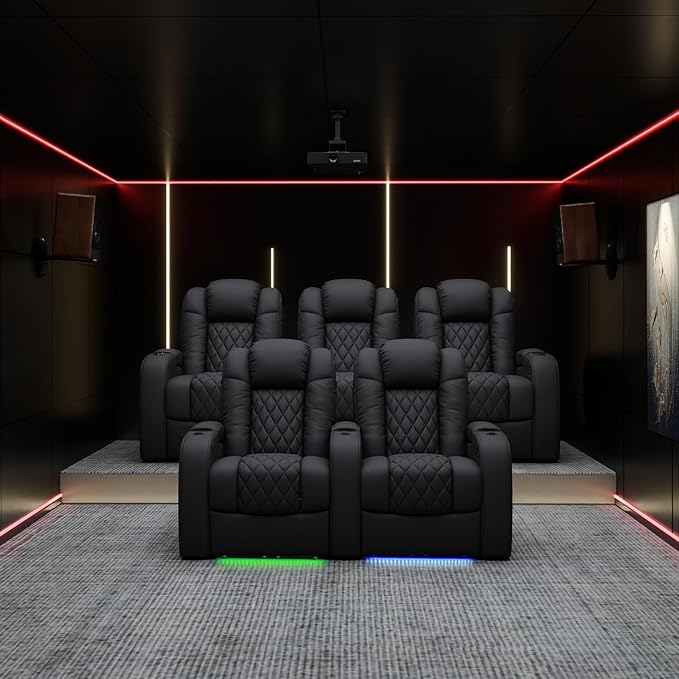 Weilianda Home Theater Seating Top Grain Leather Zero Gravity Recliner Chair Power Headrest Recline Movie Seat Gaming 7 Colors Mood Light Sofa with Tray Table USB Charge Row of 4 Loveseat Left Black