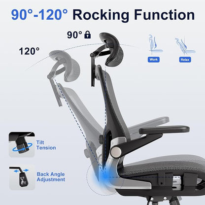 marrap Ergonomic Office Chair, Mesh Desk Chair with 3D Armrests, Adjustable Lumbar Support and Headrest, 90-120° Rocking Function, Black