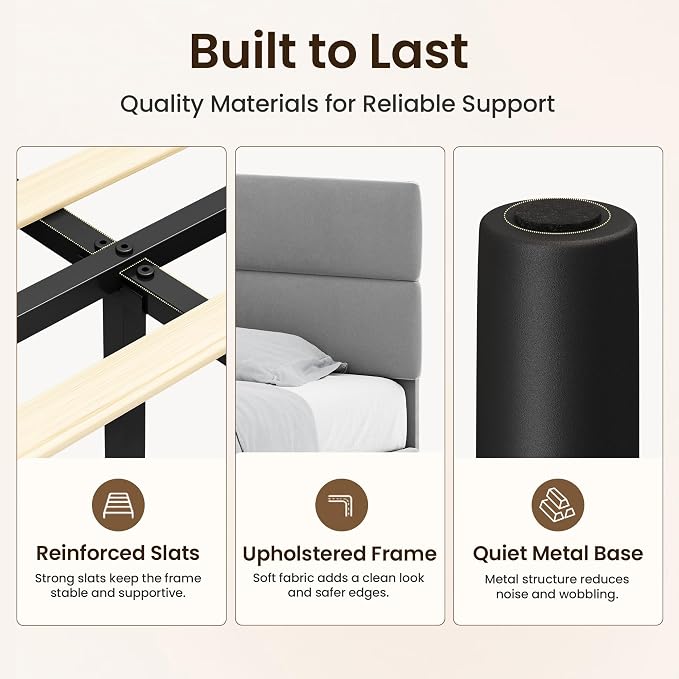 GRUSIGN King Size Platform Bed Frame with Velvet Headboard, Adjustable Height Wooden Slats Support, Upholstered Mattress Foundation, Fits Mattress or Mattress with Box Spring, Easy Assembly, Grey