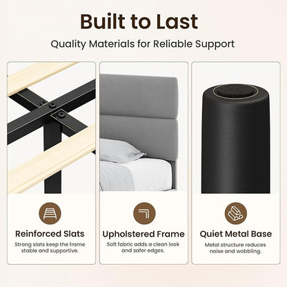 GRUSIGN King Size Platform Bed Frame with Velvet Headboard, Adjustable Height Wooden Slats Support, Upholstered Mattress Foundation, Fits Mattress or Mattress with Box Spring, Easy Assembly, Grey