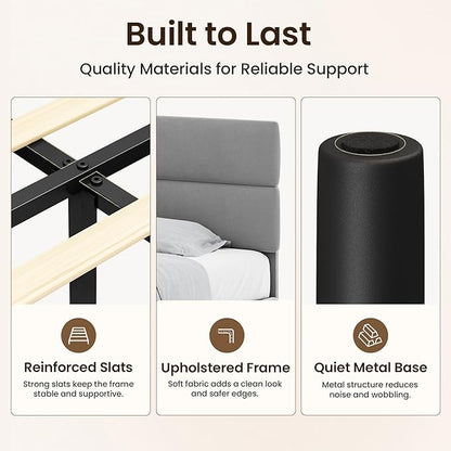 GRUSIGN Full Size Platform Bed Frame with Velvet Headboard, Adjustable Height Wooden Slats Support, Upholstered Mattress Foundation, Fits Mattress or Mattress with Box Spring, Easy Assembly, Grey