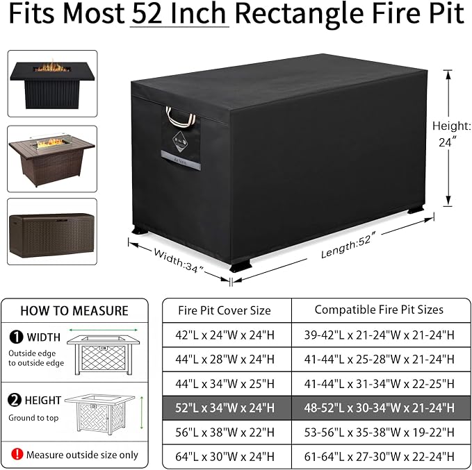 QH.HOME Gas Fire Pit Cover Rectangular 50,52 Inch - Never fades&100%Waterproof,600D Heavy-duty Outdoor Fire Table Cover Rectangle - 52 x 34 x 24 Inch-fireplace cover black