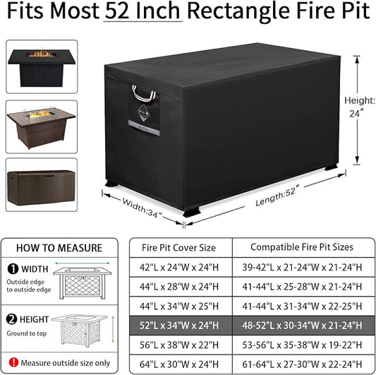 QH.HOME Gas Fire Pit Cover Rectangular 50,52 Inch - Never fades&100%Waterproof,600D Heavy-duty Outdoor Fire Table Cover Rectangle - 52 x 34 x 24 Inch-fireplace cover black