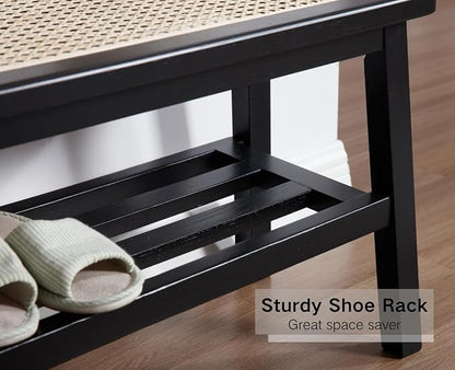 ROCITY Black Rattan Entryway Bench Wood Bench with Shoe Rack 30 Inch Small Bench Seat Storage Indoor Wooden Dining Bench Farmhouse Vintage Rustic Accent Bench for Porch/Dining Room/Living Room