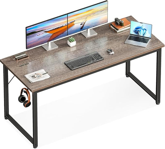 Casaottima 54 Inch Computer Desk for Home Office, Study Writing Table for Small Spaces, Simple Modern Desk with Headphone Hooks, Grey Oak
