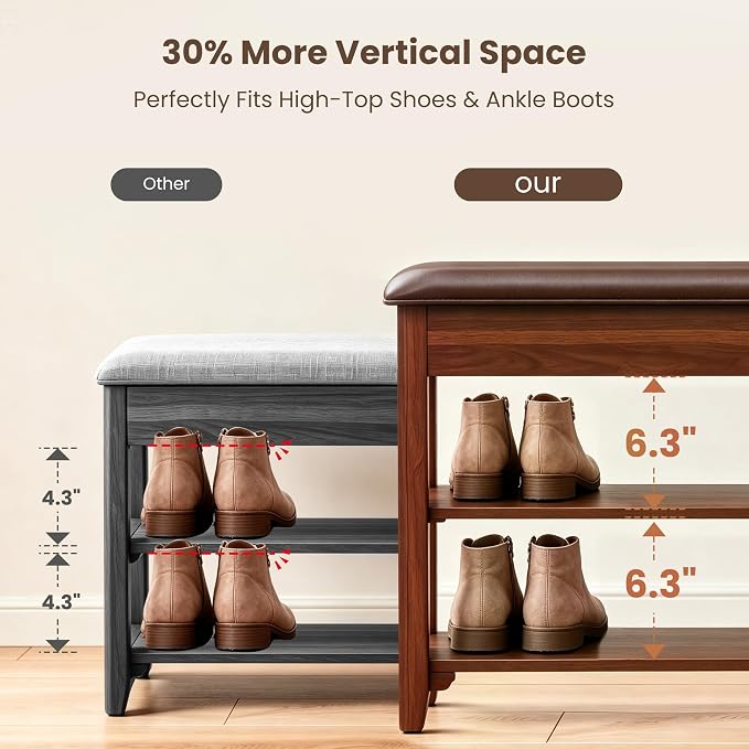 LBT Shoe Bench with Storage, Solid Rubberwood Shoe Rack Bench for Entryway, Adjustable 6.3" Shelf Fits High-Top Shoes & Boots, Hidden Storage Compartment, Cushion Seat, Stay-Open Hinge, Walnut