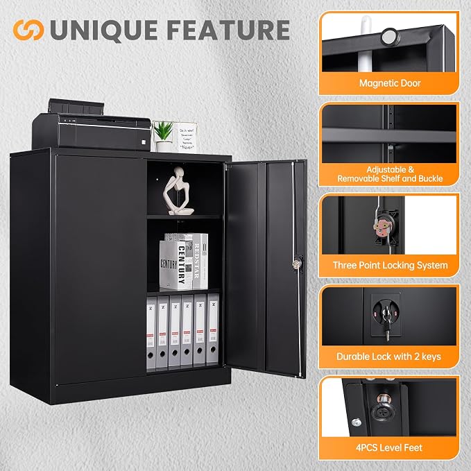 Metal Storage Cabinet, 35.4'' Tall Small Storage Cabinet with Doors and Shelves, Locking Cabinet for Home Office, Garage, Utility Room, Warehouse, Black