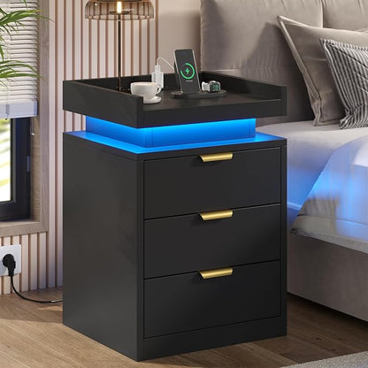 knoworld LED Nightstand Set of 2 with Charging Station & USB Ports, 3-Drawer Bedside Table with Adjustable RGB LED Lights, High-Gloss Modern Nightstands for Bedroom, Black